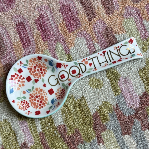 Anthropologie floral painted ceramic Spoon Rest Good Things in gold EUC - Picture 1 of 16